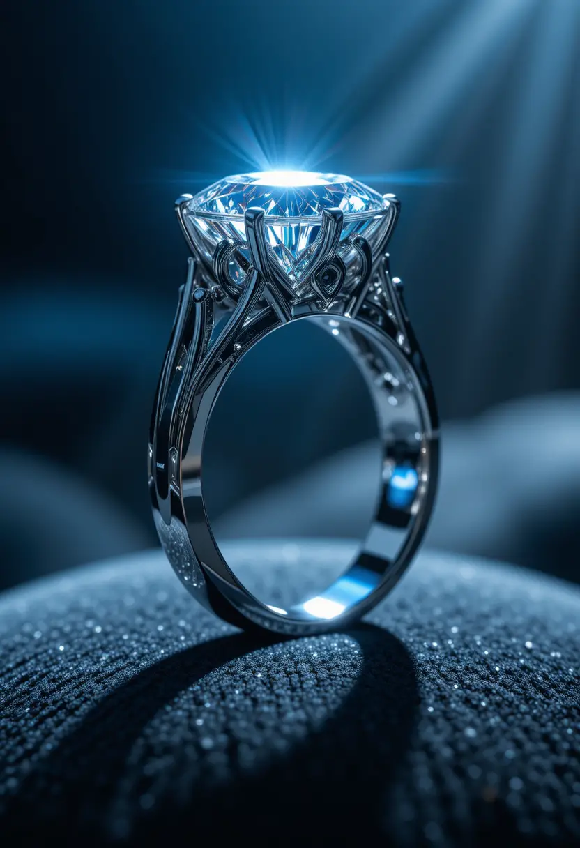 Makroaufnahme eines Platinrings mit Diamant auf dunklem Samthintergrund