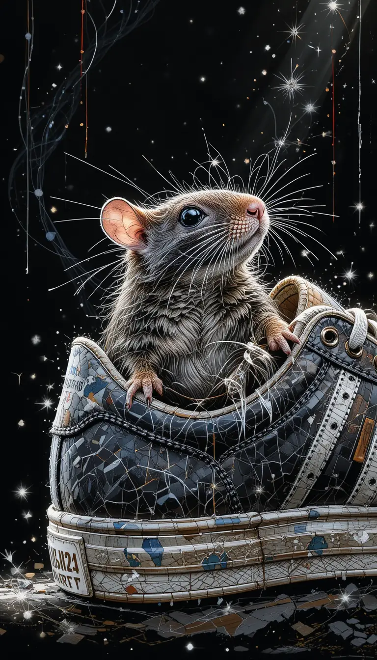 Dynamische Illustration eines kleinen Nagetiers in abgetragenem Tennisschuh