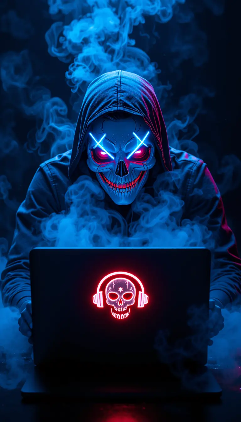 Maskierter Hacker über neonfarbenem Laptop im dunklen Cyberspace