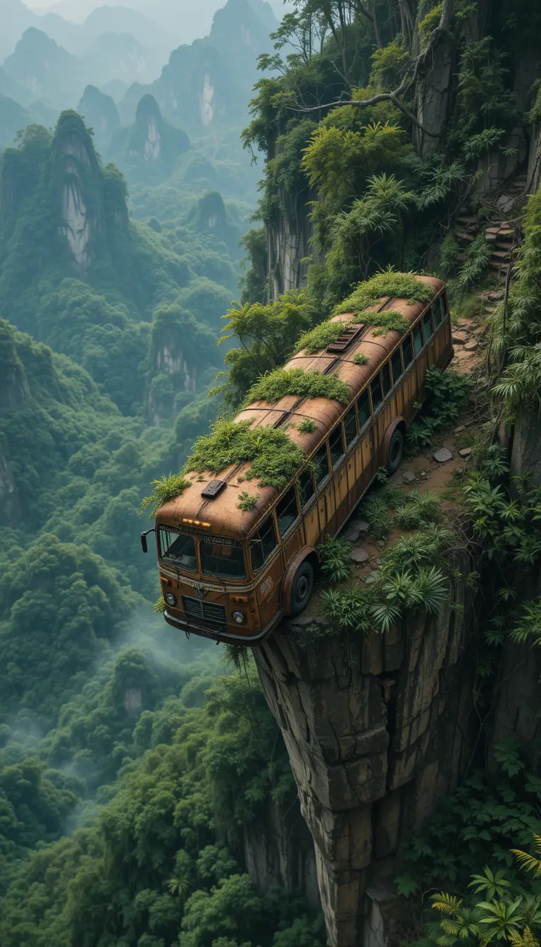 Long bus rouillé au bord d’une falaise de montagne dans la jungle