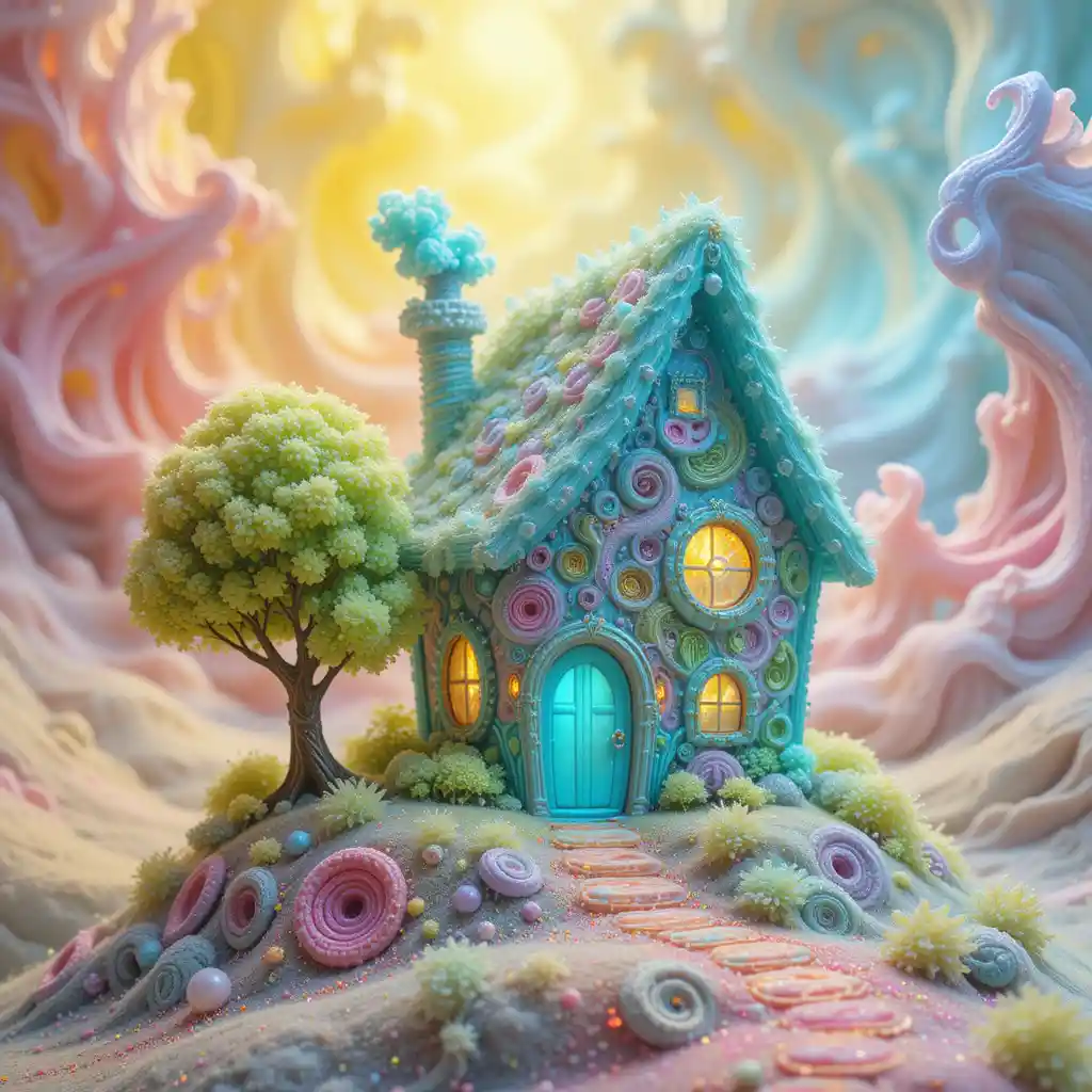 Neon-Fantasy-Perlenhaus mit leuchtenden abstrakten Fraktalen