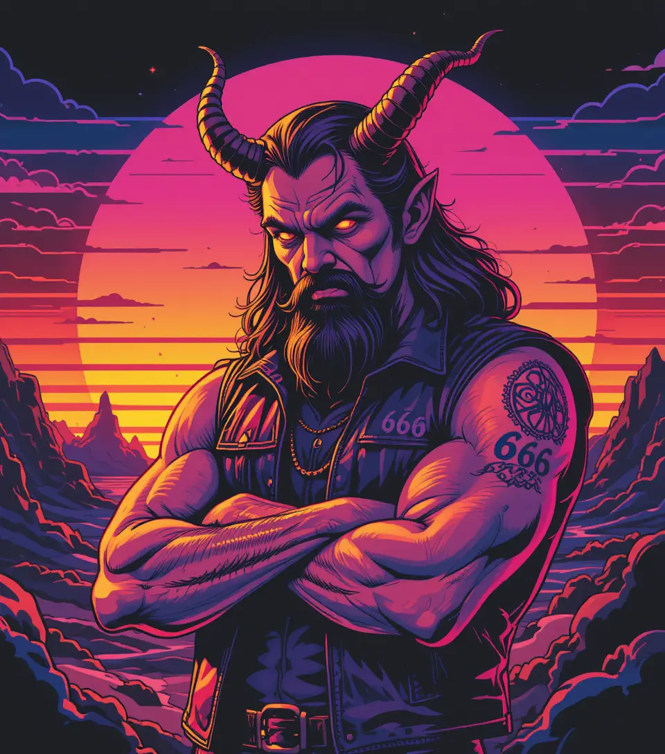 レトロな悪魔イラストとネオンシンセウェーブの夕焼け背景