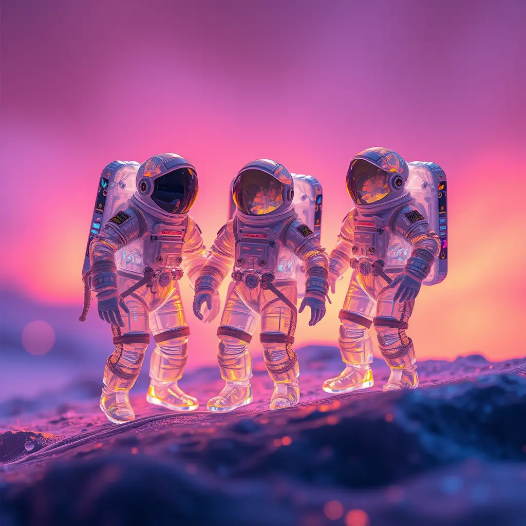 輝く幻想的な月に立つクリスタル宇宙飛行士