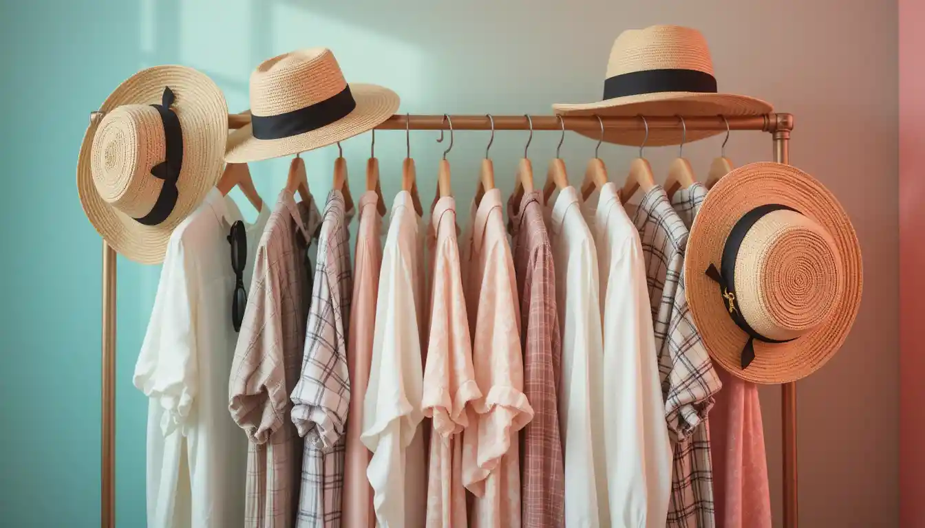 Cozy indoor clothing rack with light spring outfits