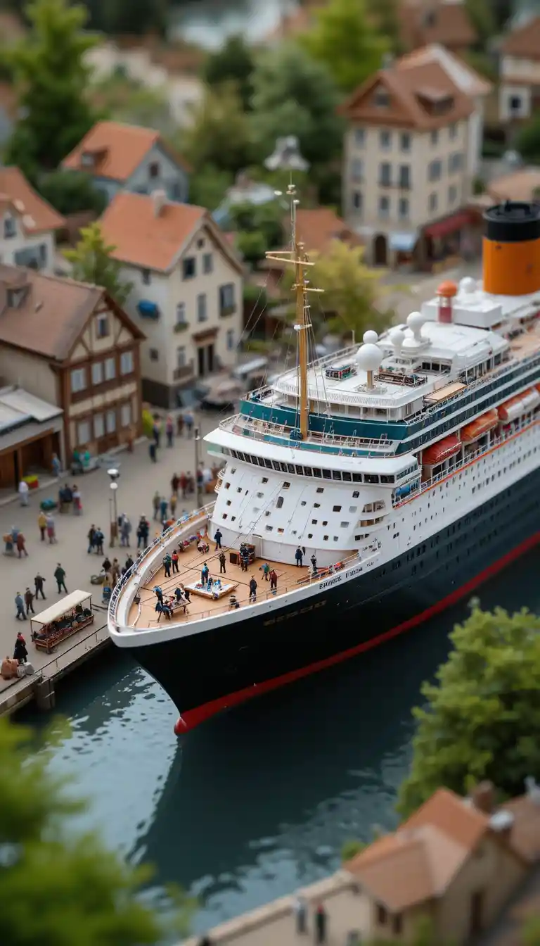Tilt shift view of a miniature cruise ship in a tiny port