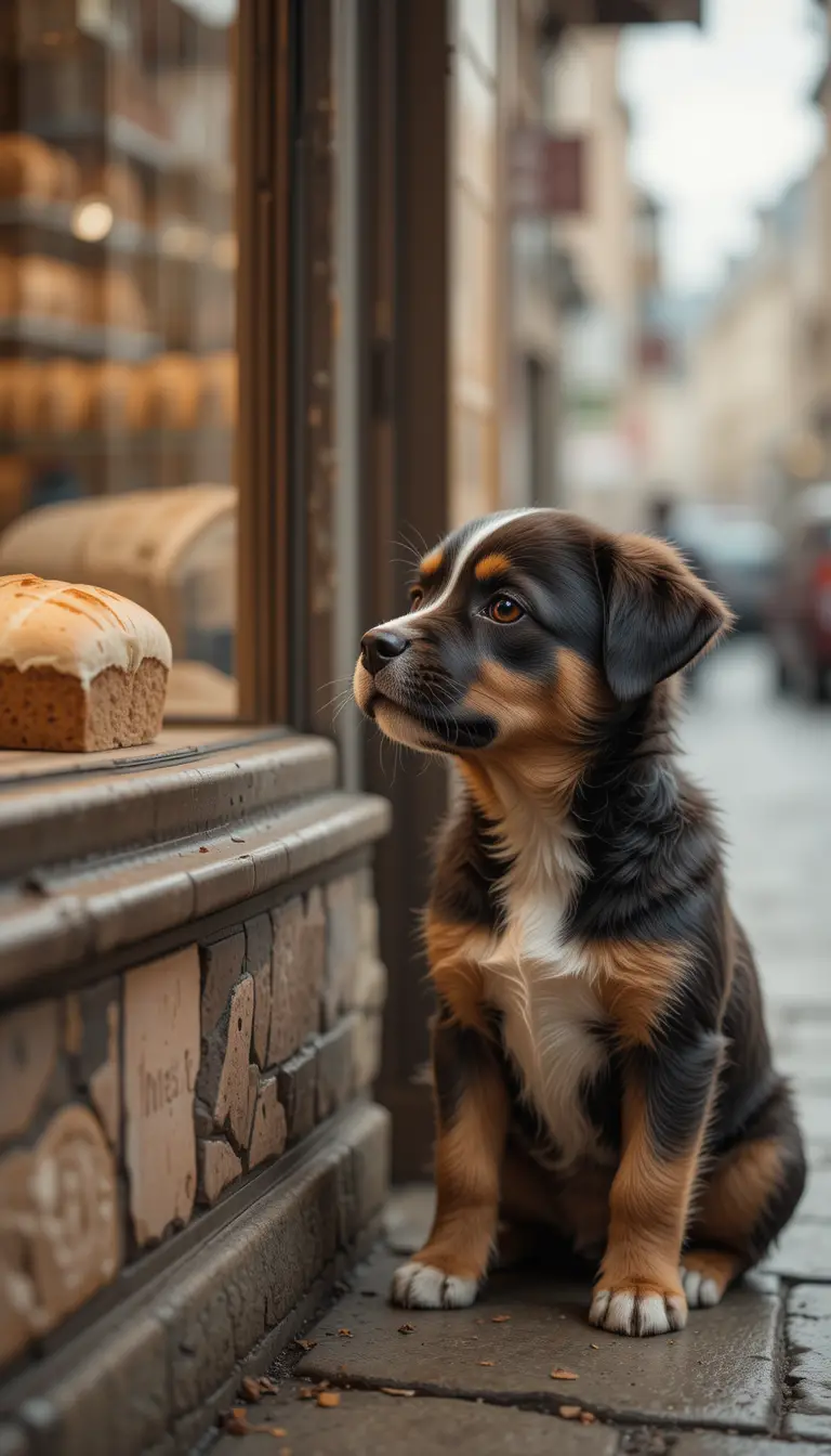 あたたかい街のベーカリーの窓の外で待つお腹ぺこぺこの子犬