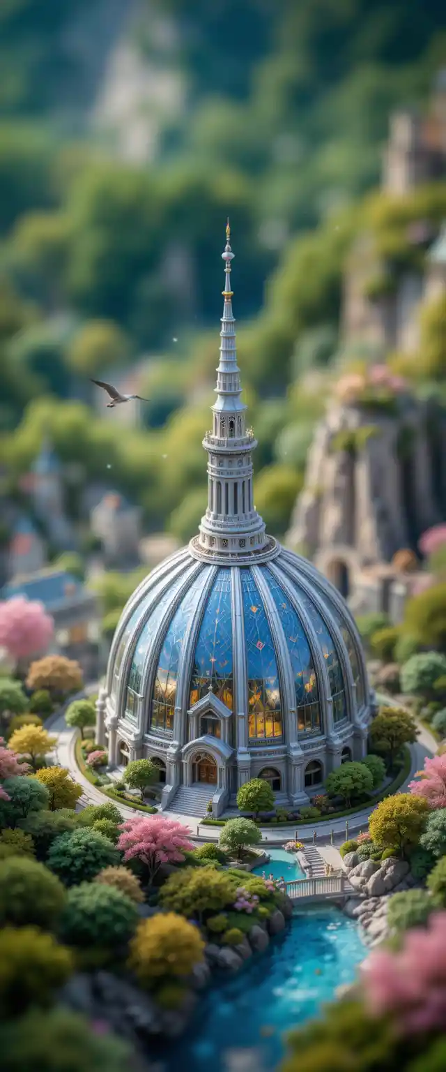 Cúpula fantástica elevándose sobre un paisaje urbano detallado