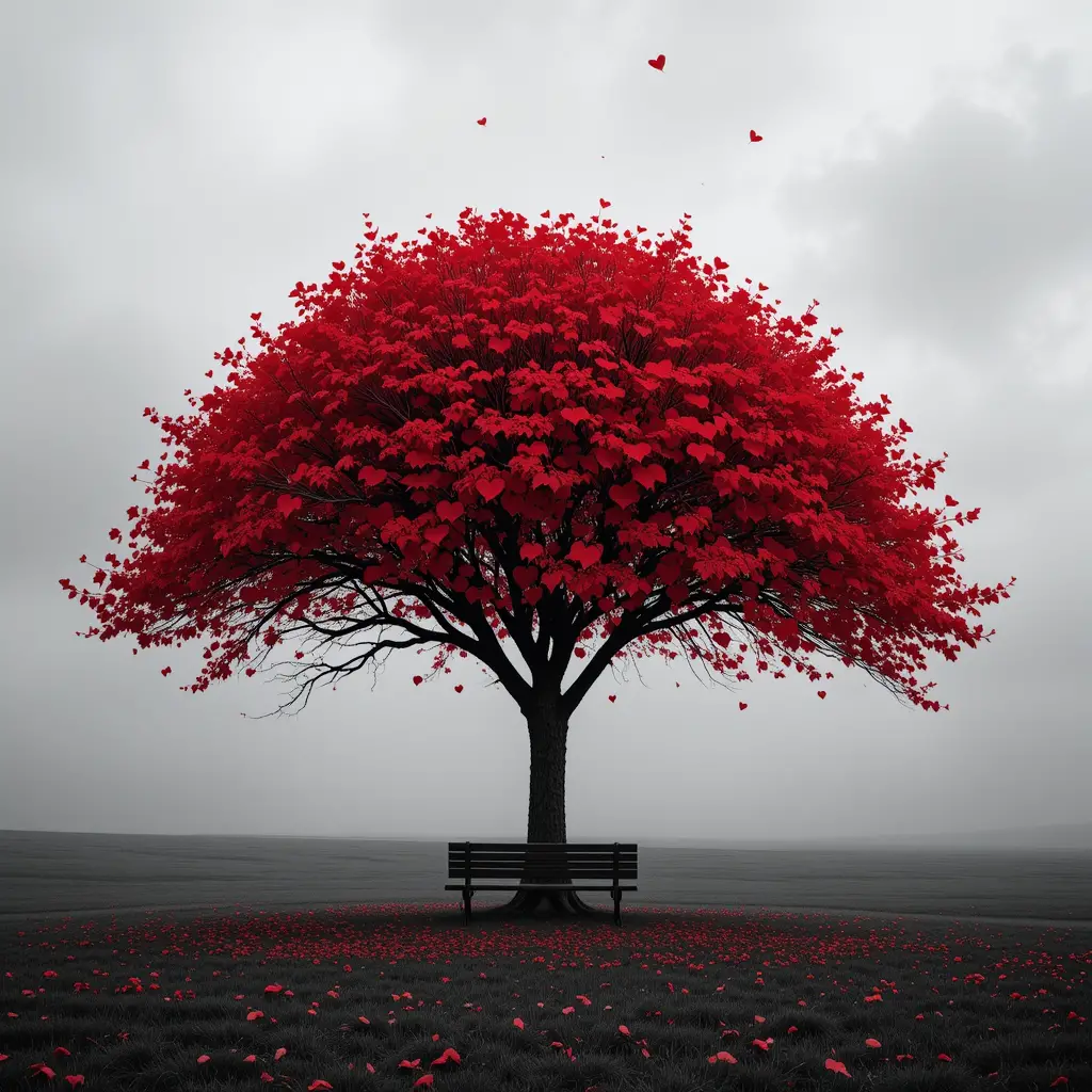 Roter Herzbaum über Bank im monochromen Feld