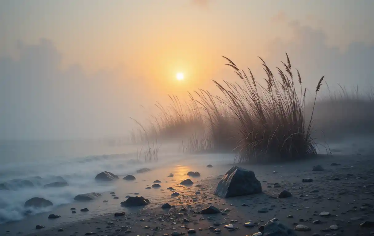 夕陽下霧氣瀰漫的海岸與平靜倒影的海水