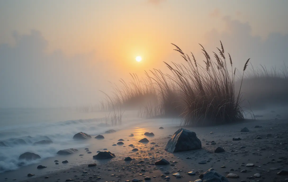 夕陽下霧氣瀰漫的海岸與平靜倒影的海水