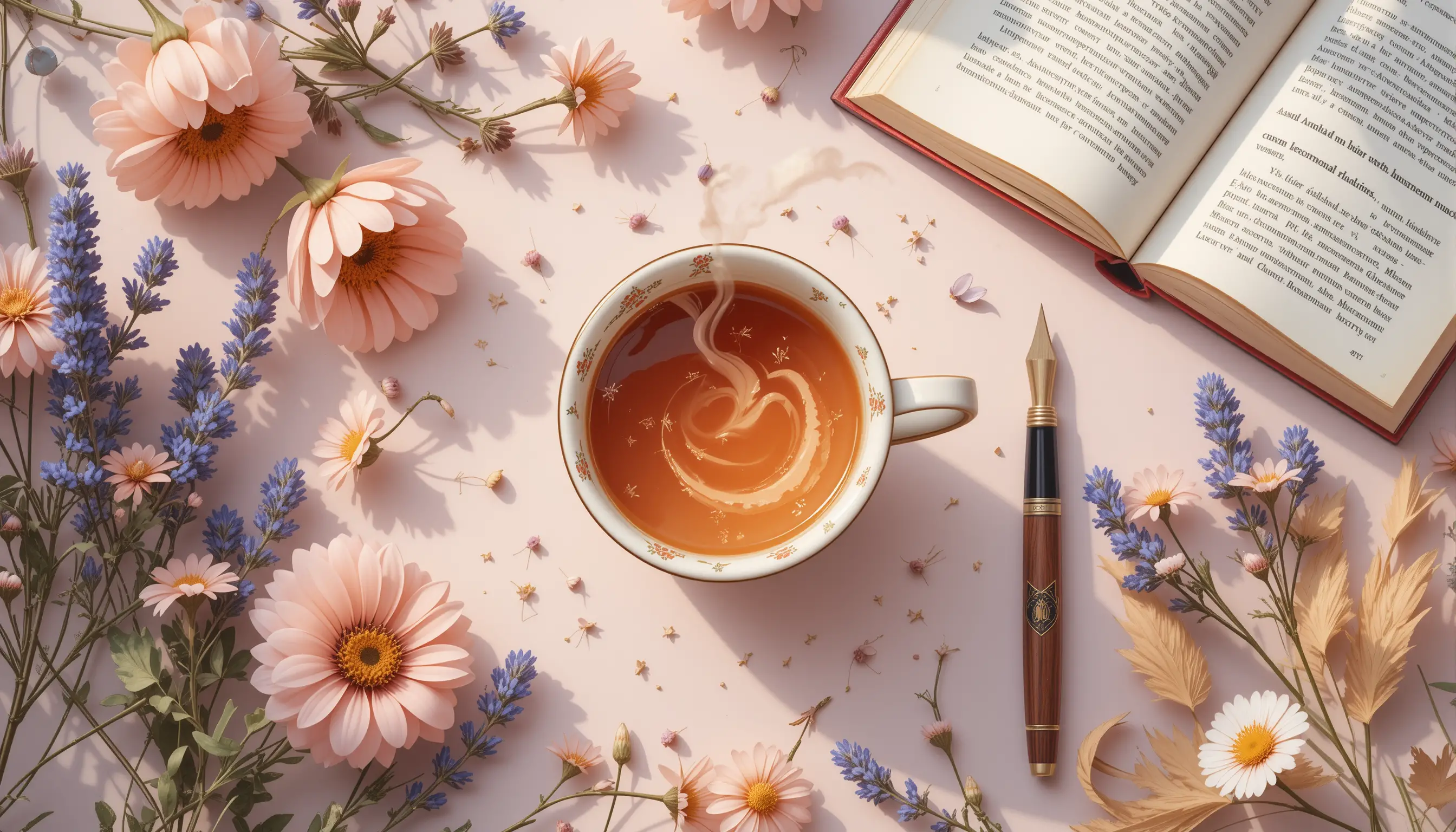 Flat lay acogedor de té floral con libro y bolígrafo