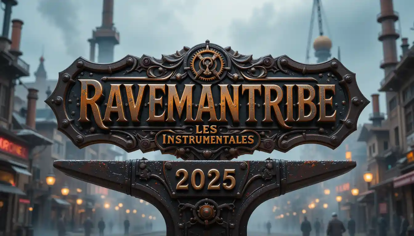 Steampunk-Kupfermetall-Logo auf Amboss mit Stadt im Hintergrund