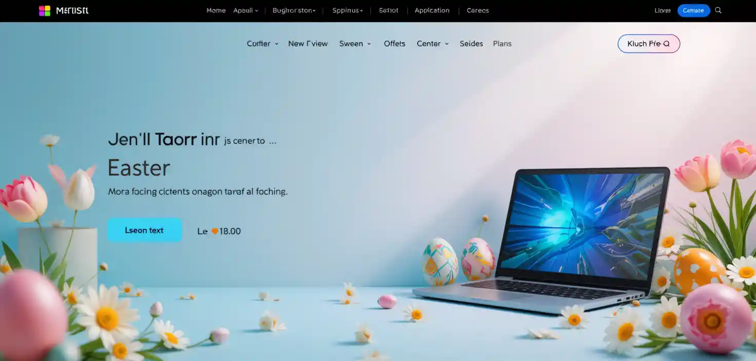 Bannière de Pâques joyeuse avec ordinateurs portables et décorations de printemps