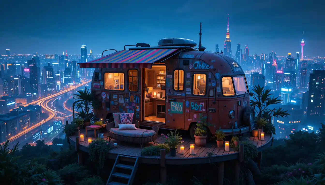 Camper vintage su un tetto con vista su una città futuristica notturna