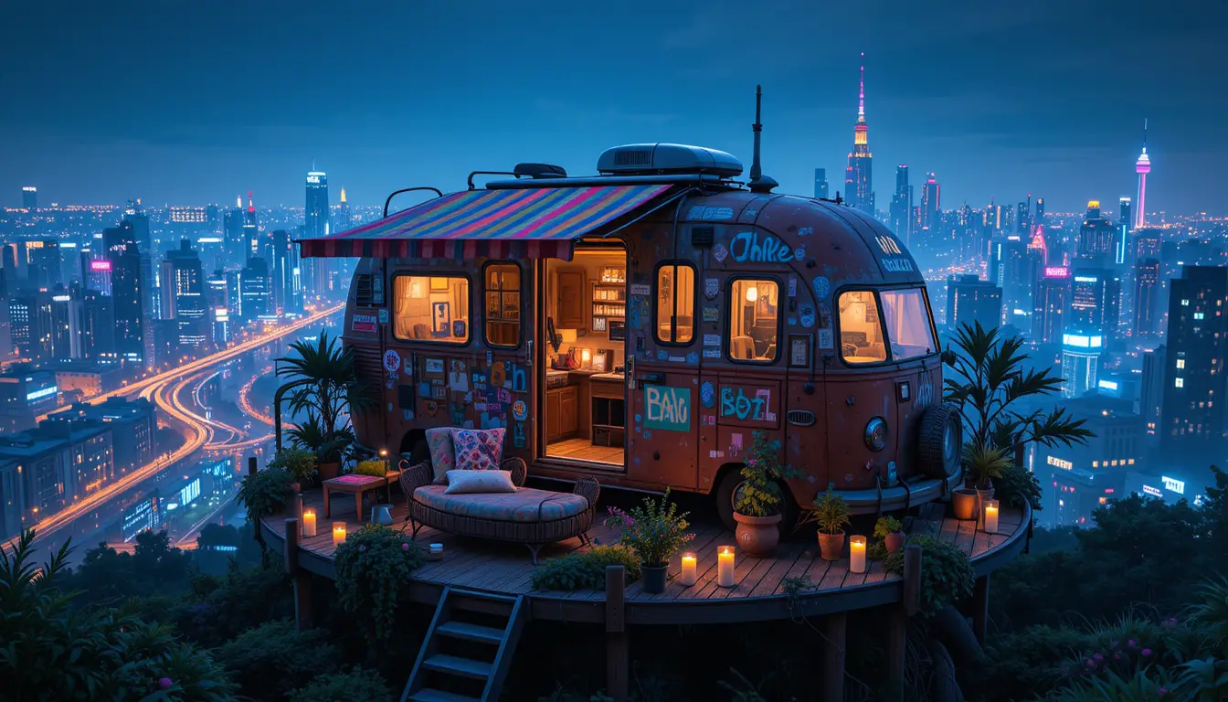 Camper vintage su un tetto con vista su una città futuristica notturna