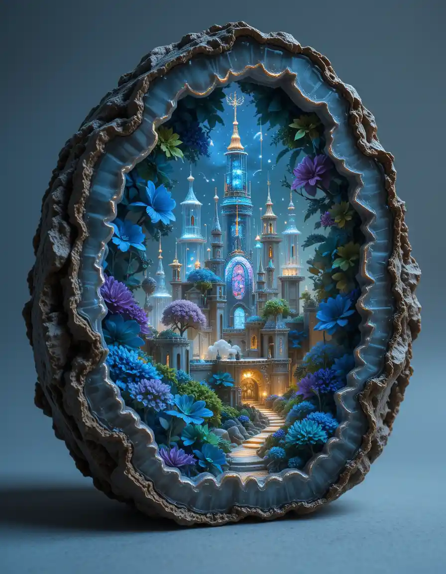 Miniatura di città luminosa rivelata all'interno di una geode di cristallo