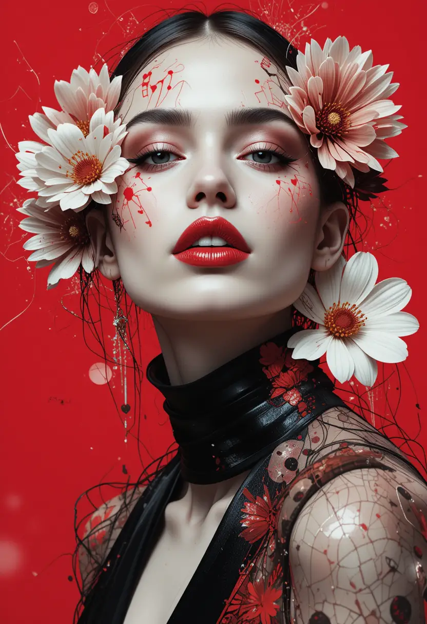 Avant garde female fashion collage with abstract flowers