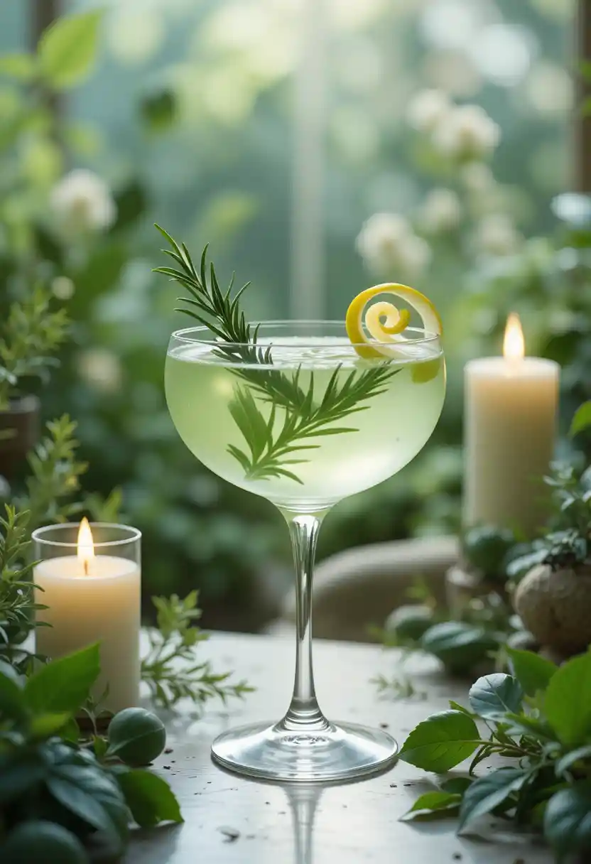 Elegant Green Botanical Gin Cocktail In Garden Light
