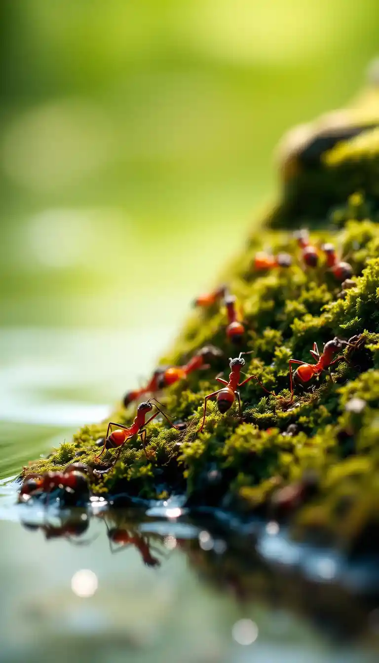 Hormigas en macro explorando musgo junto a agua reflectante