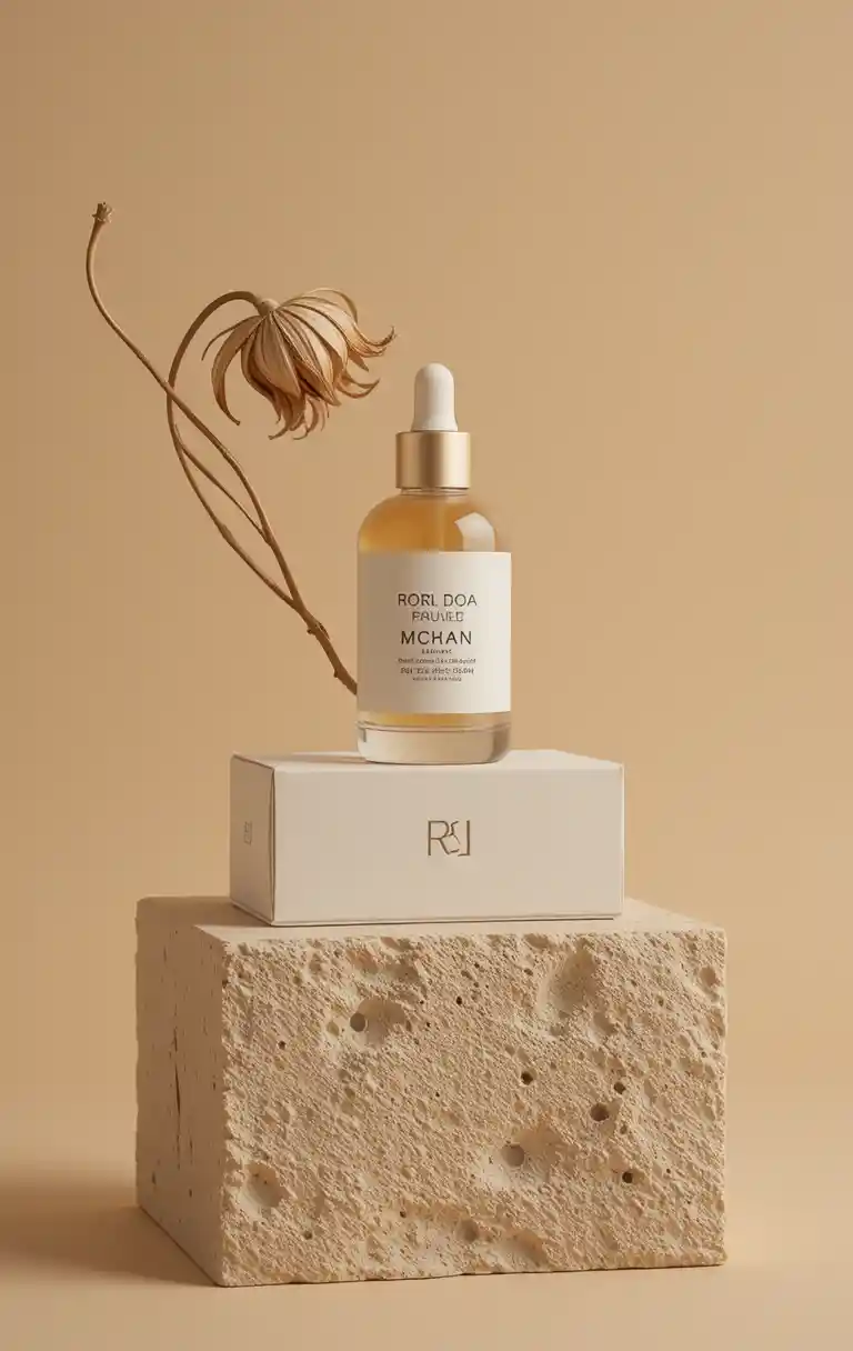 Natura morta minimalista con flacone skincare su blocco testurizzato