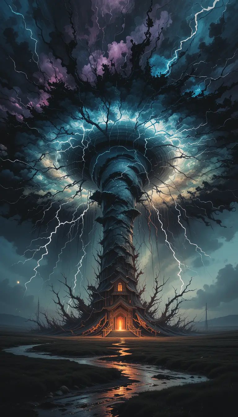 Surrealer Fine-Art-Tornado mit abstraktem Blitze-Himmel