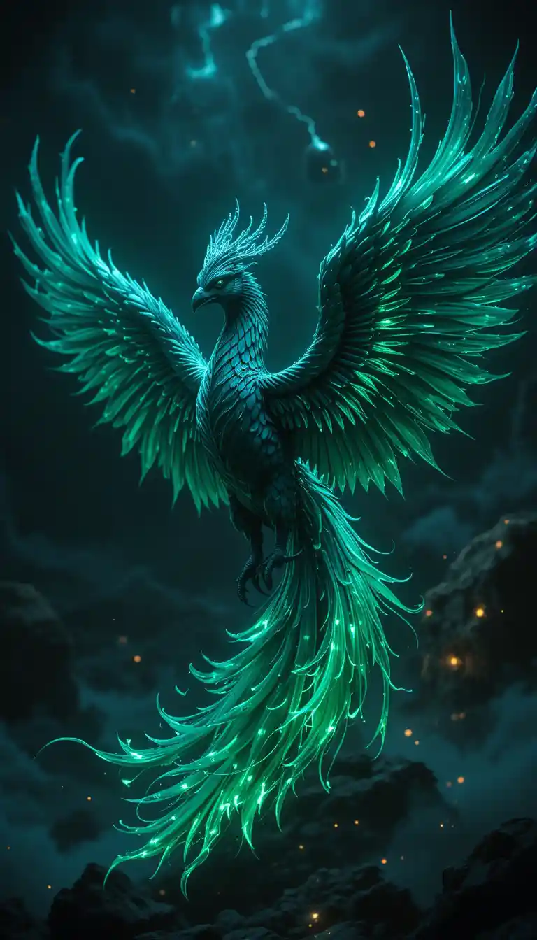 Majestätischer Phönix, der aus neonblauen magischen Flammen aufsteigt