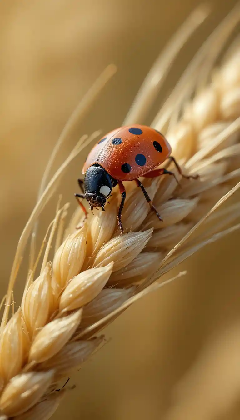Mariquita trepando por una espiga de trigo en macro primer plano