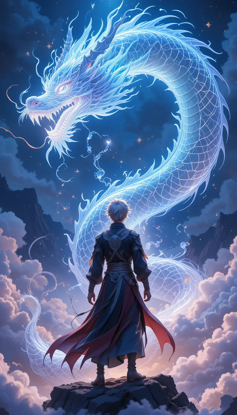 発光するファンタジー雲の上のドラゴンとアニメ戦士