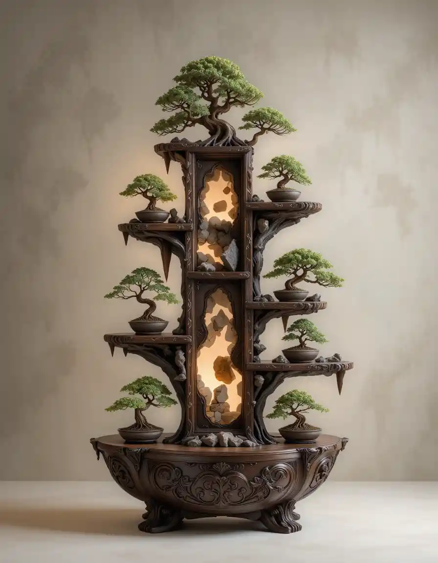 Wooden bonsai shelf with multiple rock embracing trees