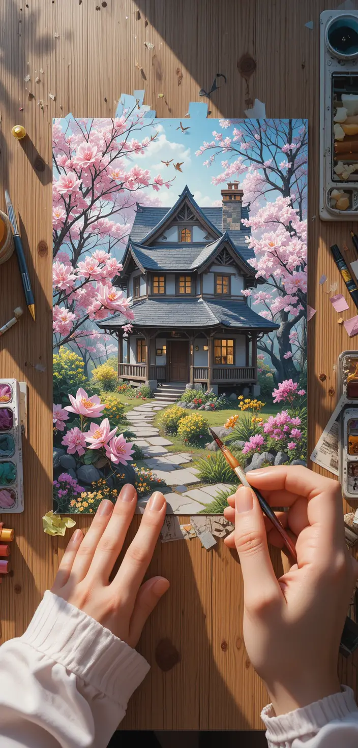 木桌上的春日小屋水彩明信片