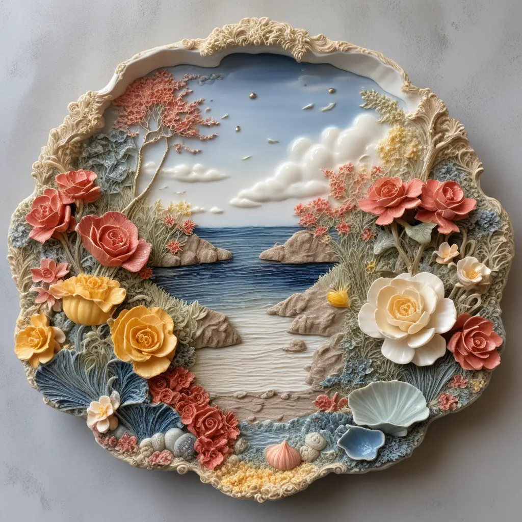Impressionistische Landschaft auf Porzellan mit vielschichtiger floraler Tiefe