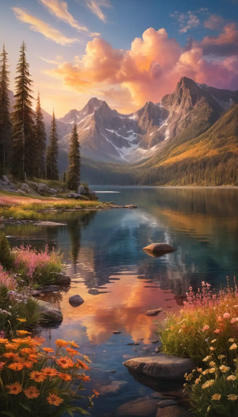 Tramonto su lago di montagna con acqua luminosa e riflettente