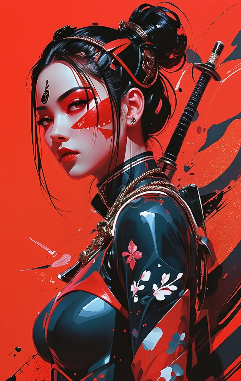 紅色背景上的風格化動漫女戰士與長劍
