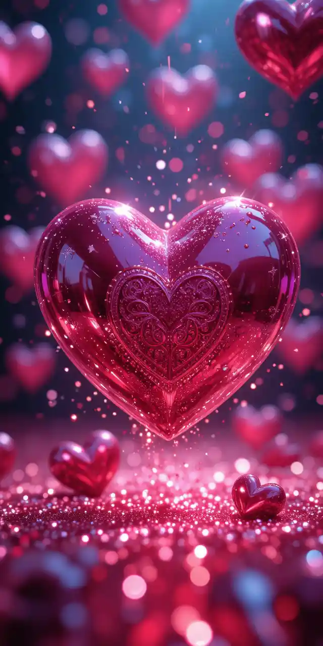 Glowing 3D hearts poster with glitter and soft blur