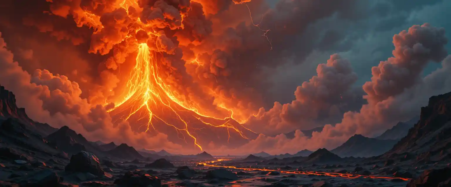 Eruzione Apocalittica di Piuma del Mantello in Antico Paesaggio Vulcanico