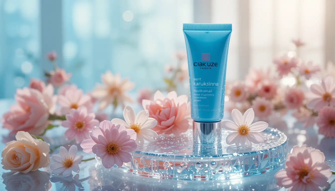 Blue skincare tube with flowers on wet glass platform