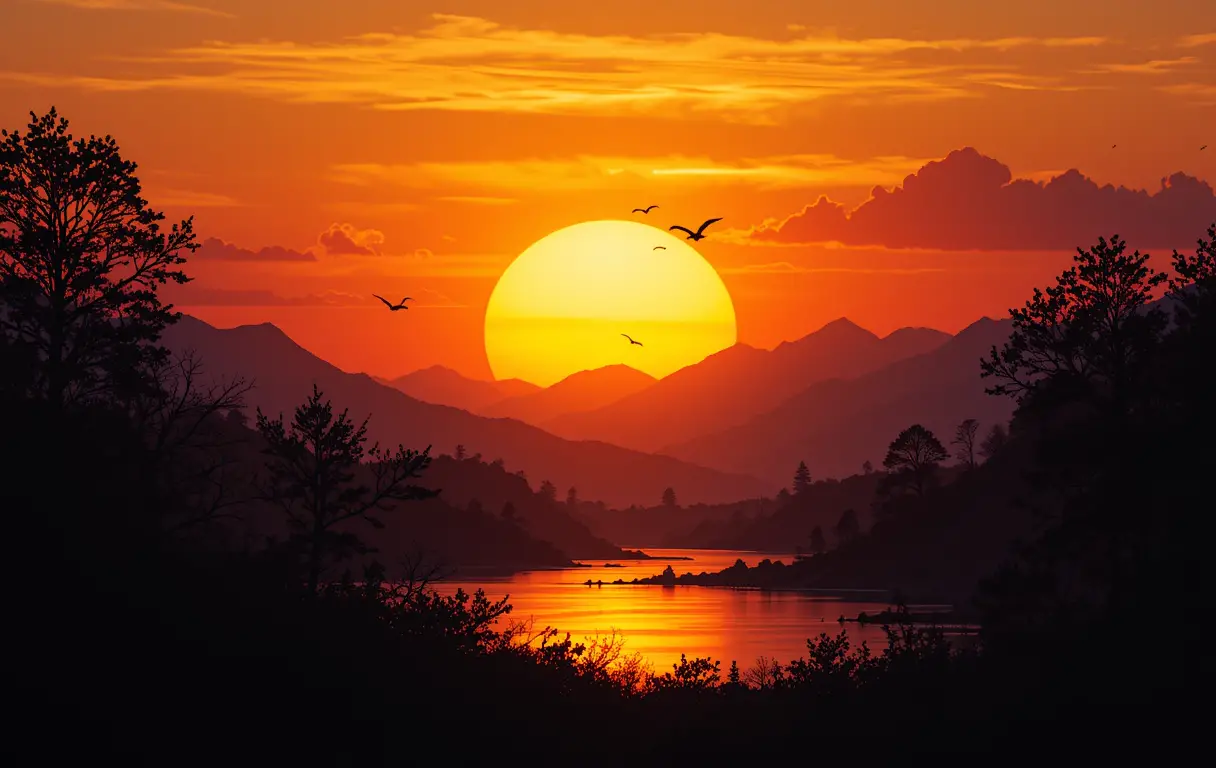 Leuchtender Sonnenuntergang über Bergen mit Fluss und Bäumen