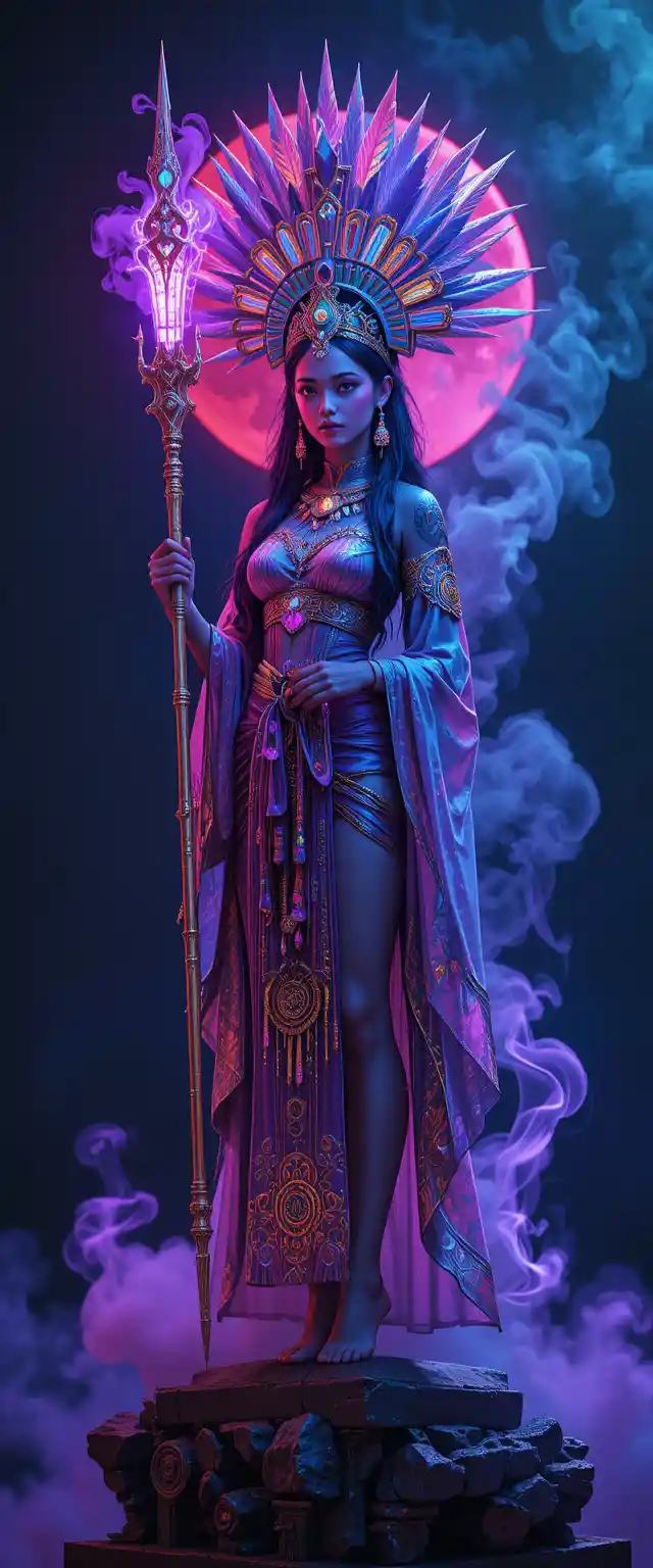 Sciamana in stile anime con copricapo azteco e aura al neon