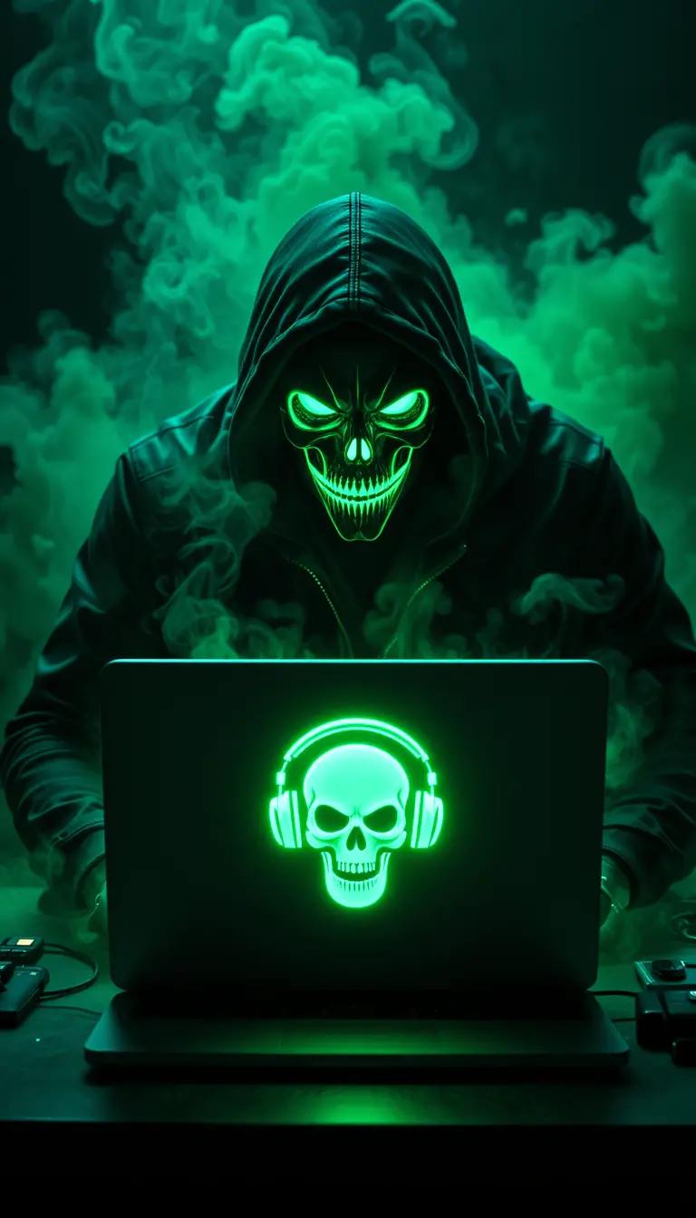 Hacker mit Neon-Schädelmaske vor leuchtendem Laptop-Bildschirm
