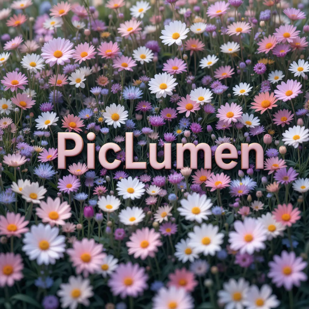 Prairie fleurie colorée entourant le mot PicLumen
