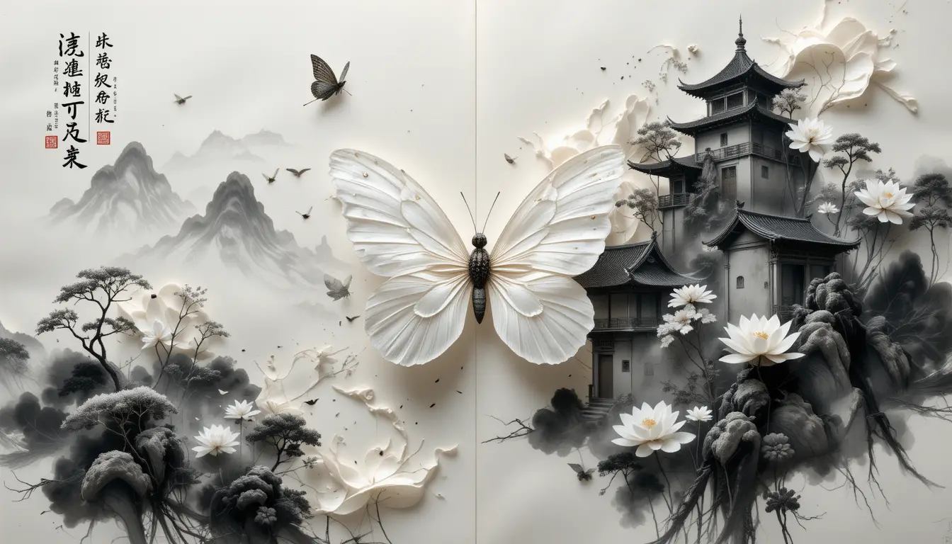 古老墨書手稿上的蓮花與蝴蝶藝術作品