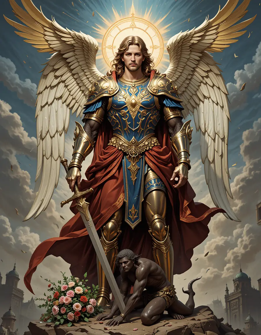 Saint Michael angel in ornate armor with sword and halo