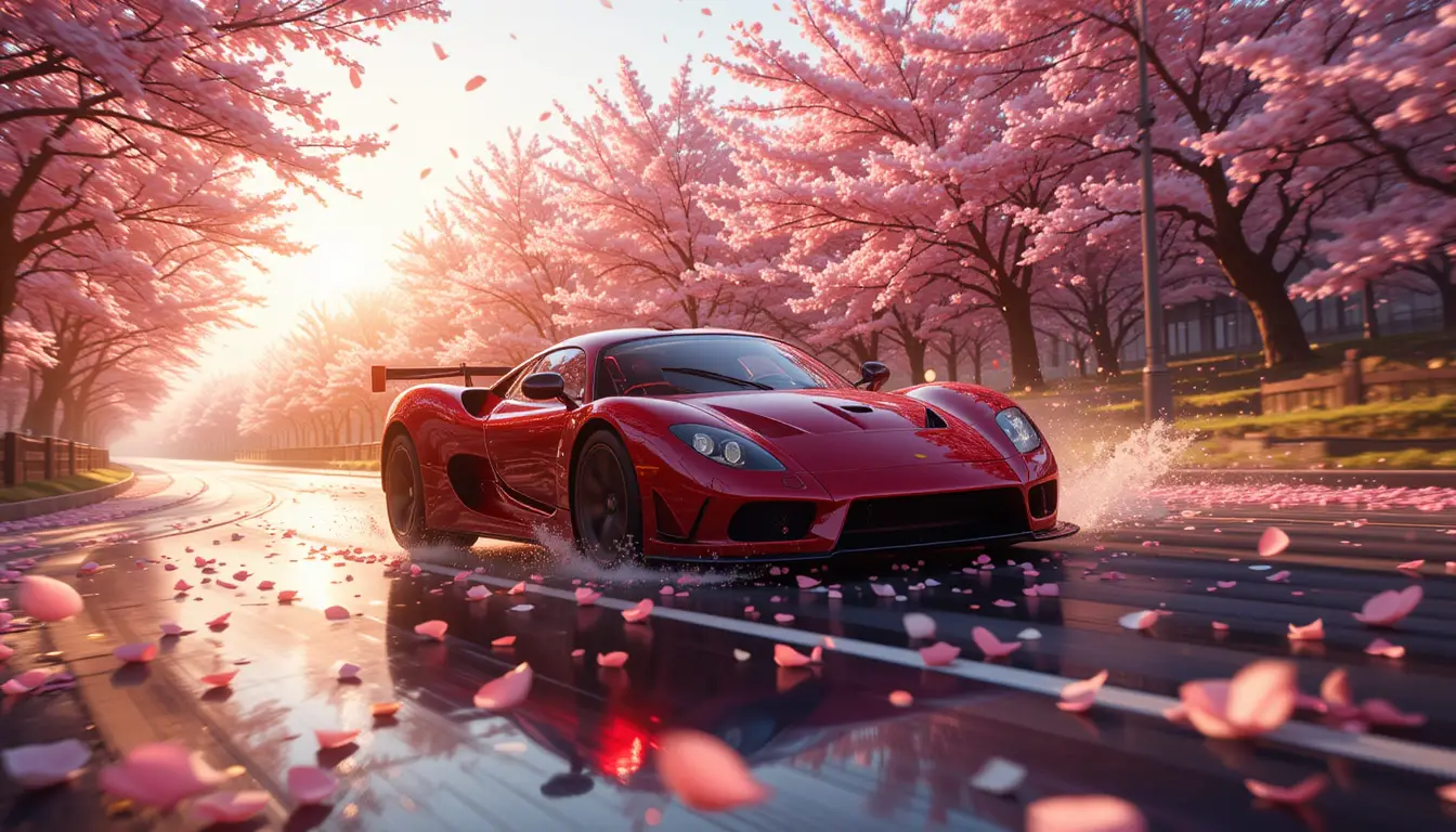 Red supercar racing along a cherry blossom mountain road