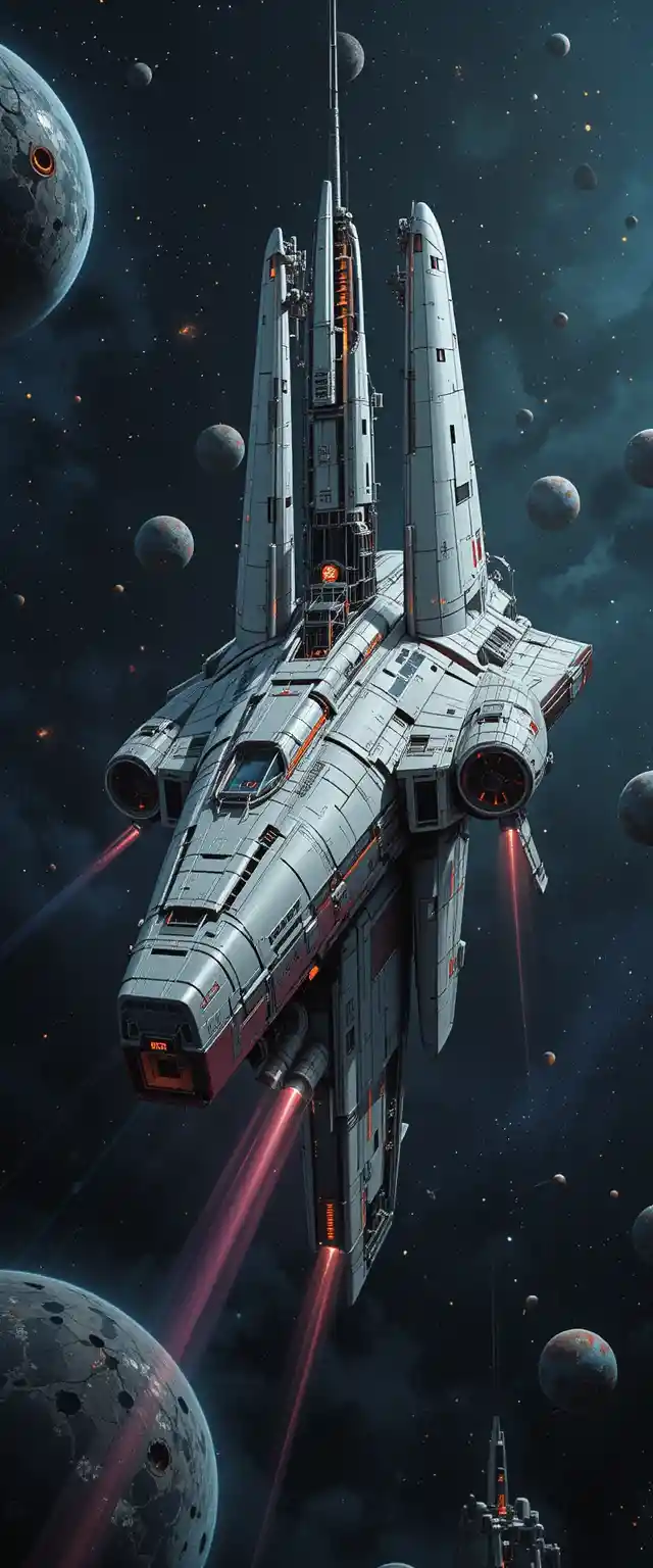 Nave espacial retangular retrô voando pelo profundo espaço sideral