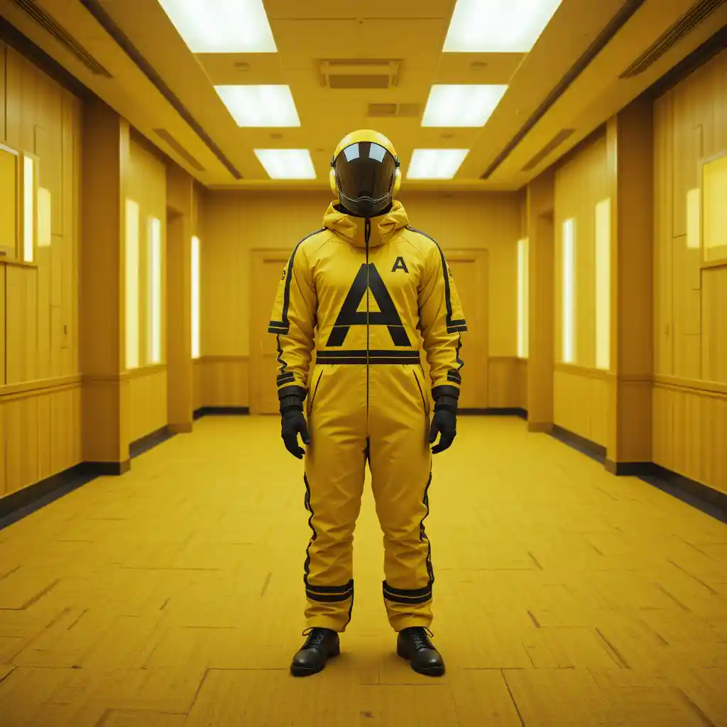 Man In Yellow Protective Suit In Matching Yellow Room