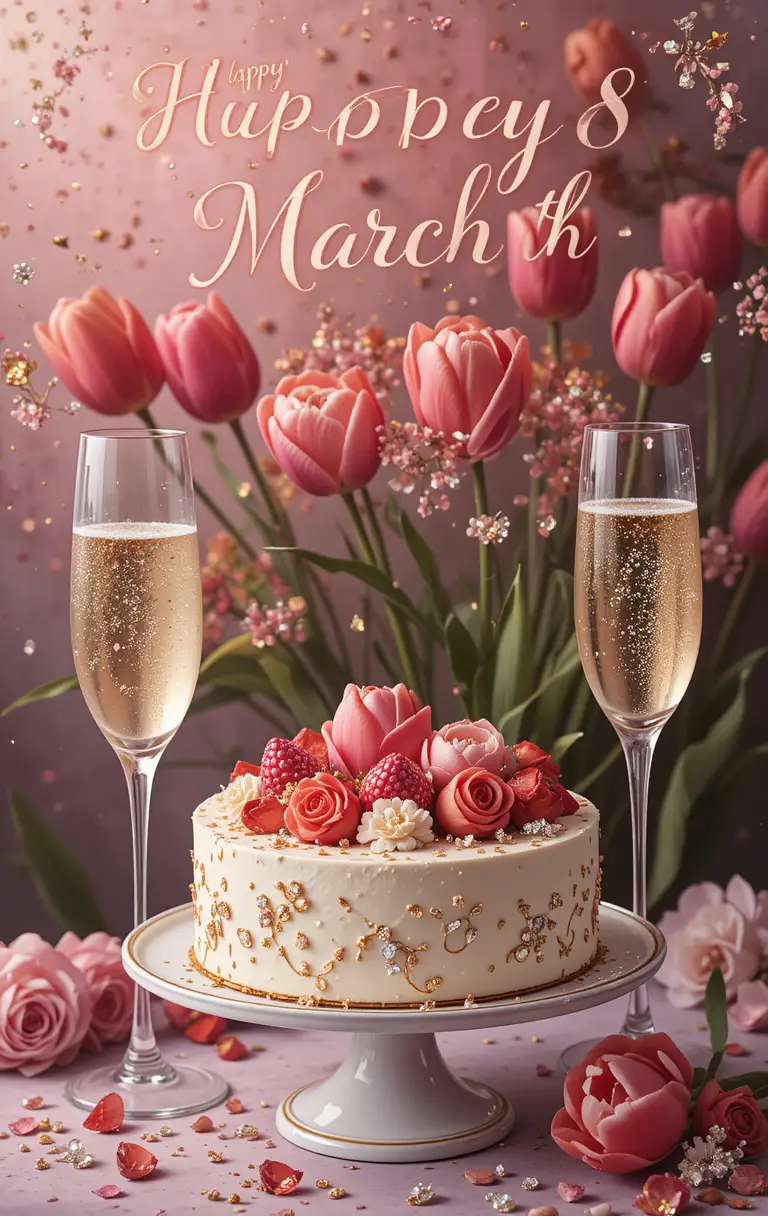 Grußkarte zum 8. März mit Tulpen, Champagner und Kuchen