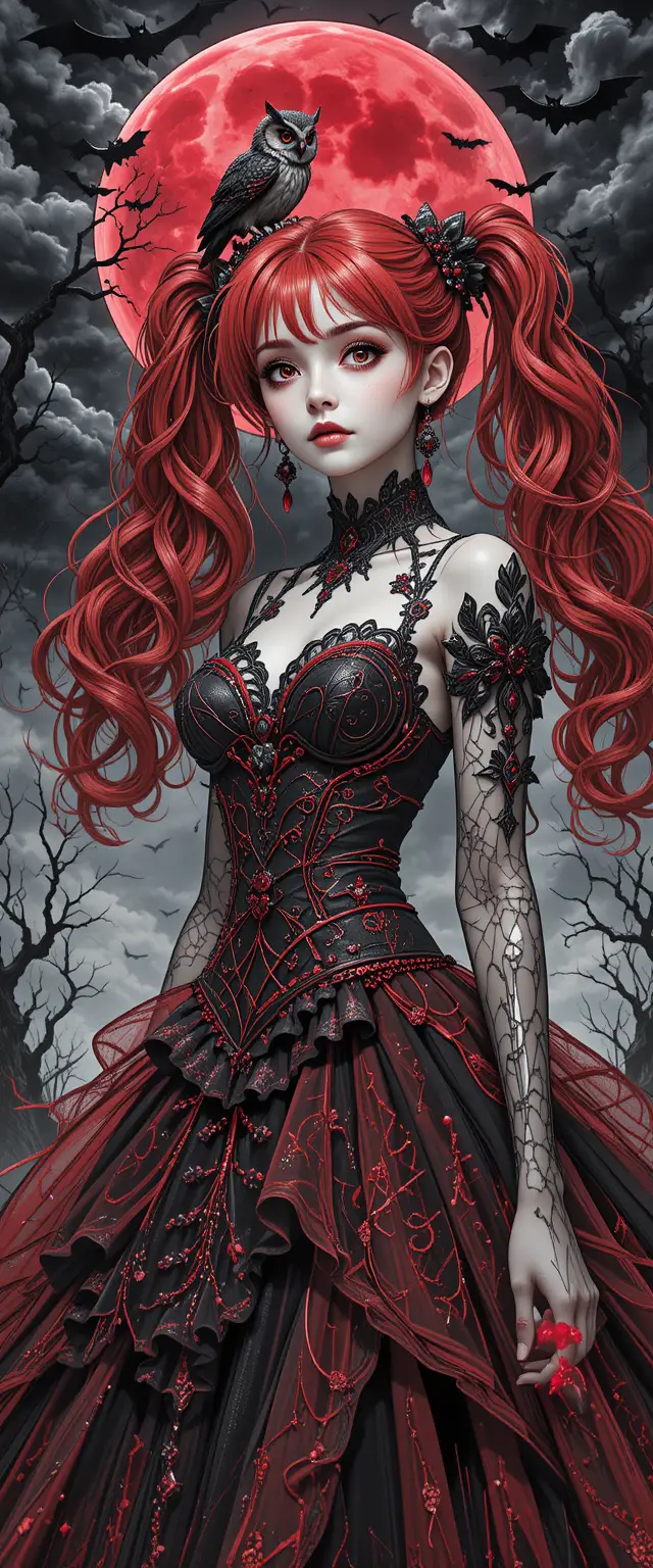 Schaurig-niedliches Anime-Mädchen in gotischer Fantasy-Illustration
