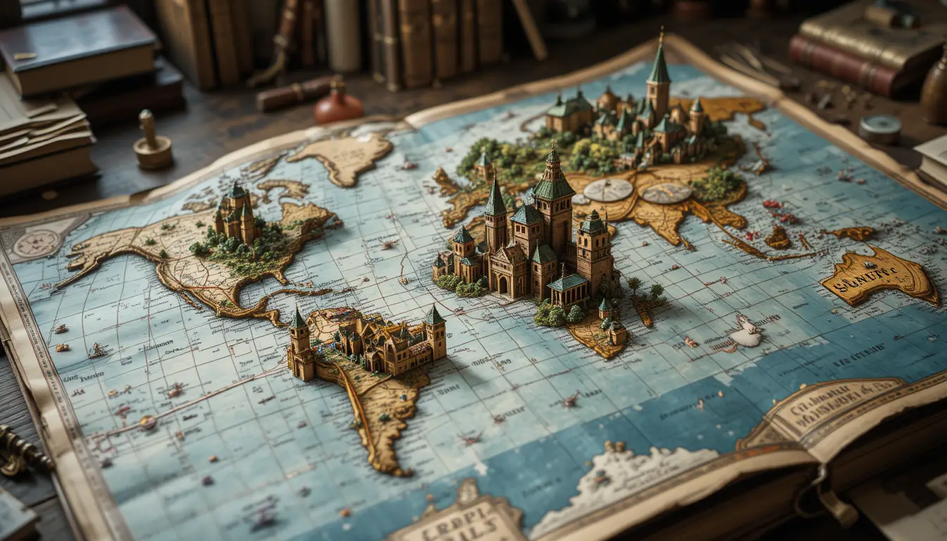 机の上に広がるカラフルな3D中世ファンタジー地図
