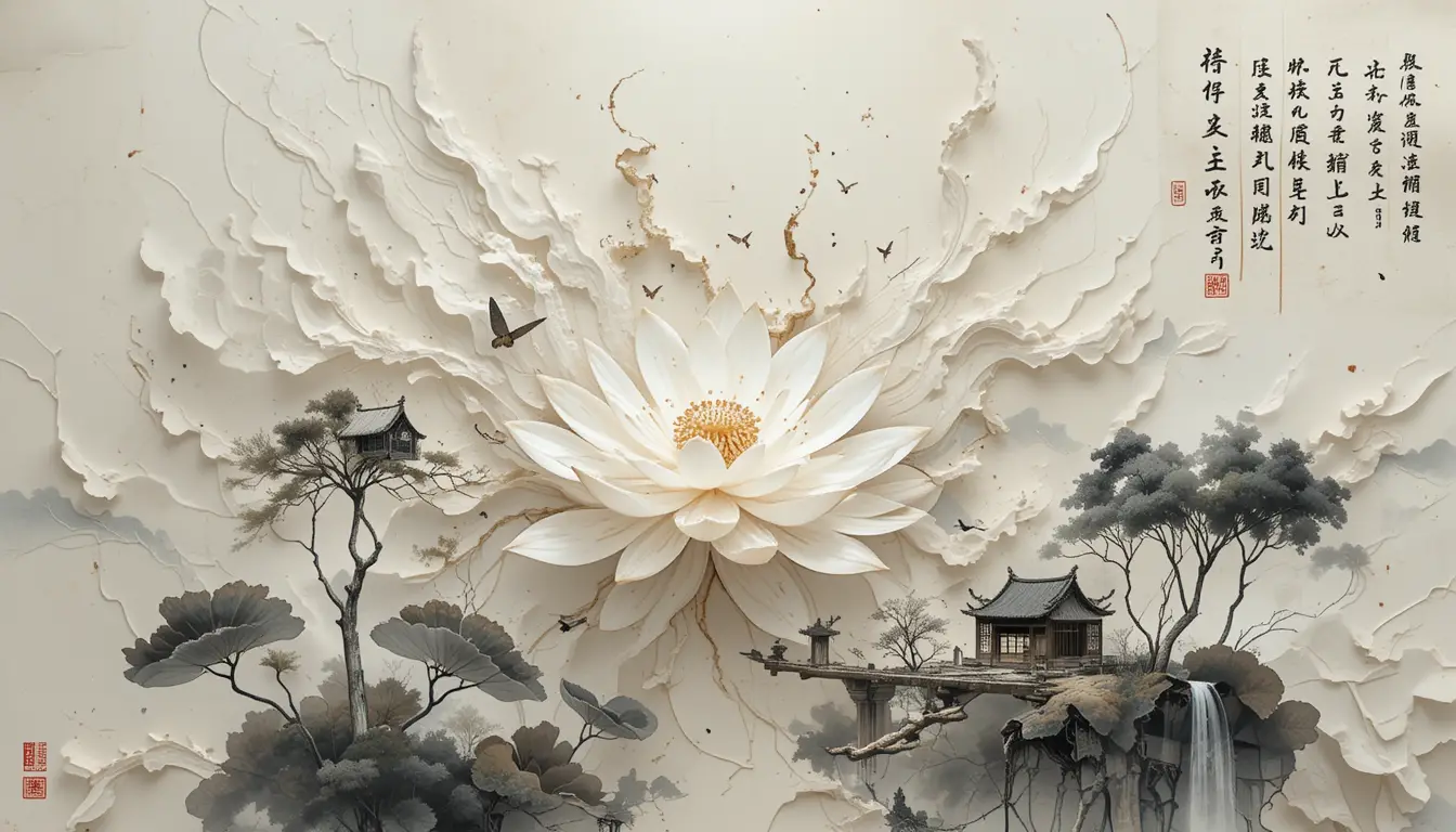 極簡白色蓮花與蝴蝶映襯墨色手稿