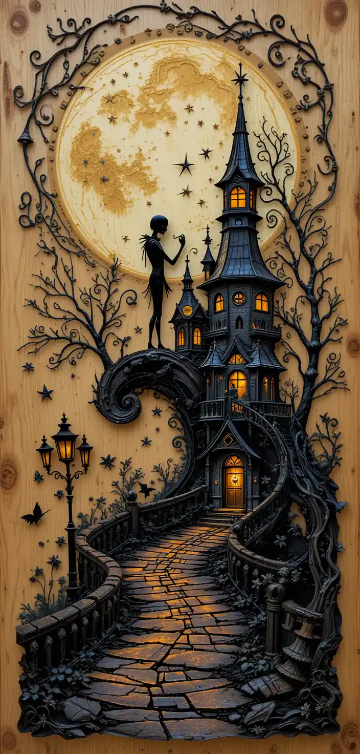 Double exposure haunted house on swirling fantasy road